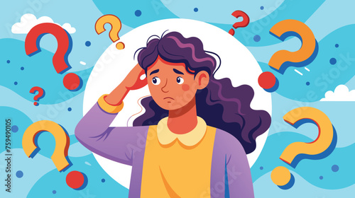 Pensive Woman Surrounded by Question Marks