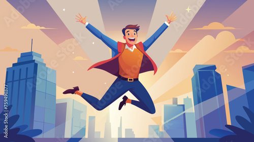 Exuberant Businessman Leaping Joyfully Against Cityscape at Sunset