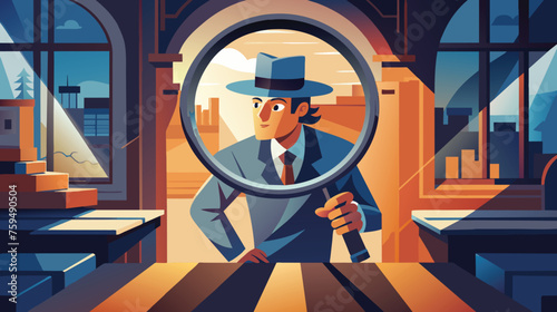 Curious Detective With Magnifying Glass in Office at Dusk