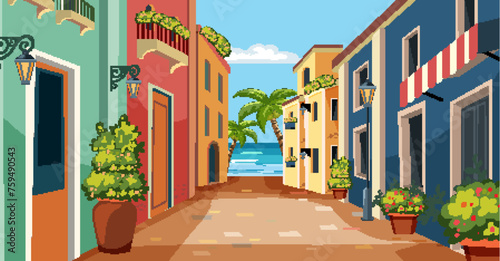 Quaint seaside town street leading to the ocean.