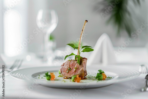 Gourmet Rack of Lamb with Mint Jelly on White Plate Gen AI photo