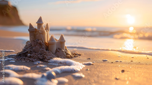 Un élégant château de sable isolé sur une plage : un chef-d'œuvre majestueux de créativité et d'art dans un paradis de vacances photo