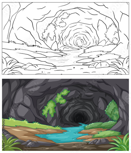 Two stylized illustrations of mystical forest tunnels.