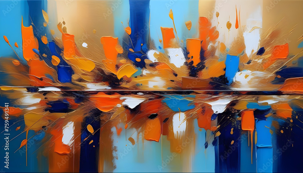 Fototapeta premium An abstract oil painting with blue, orange, and gold colors