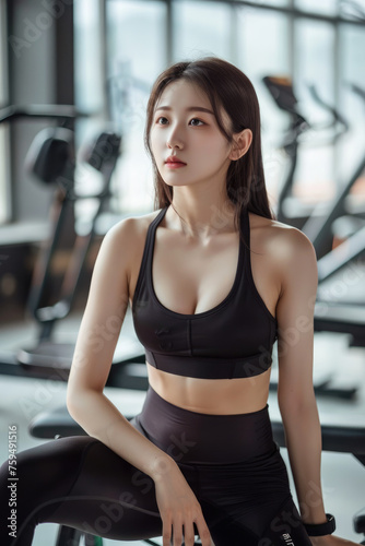 full body of a beautiful Korean girl with Perfect slim toned young body of the girl . An example of sports , fitness or plastic surgery and aesthetic cosmetology