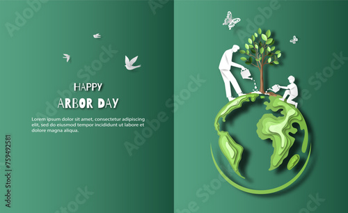 Happy Arbor Day, father and son help water a tree, save the planet , paper illustration, and 3d paper.
