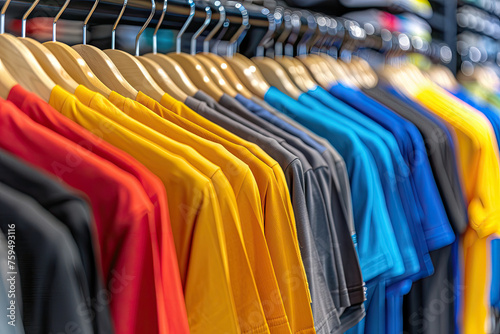 Close-up of multicolored cotton T-shirts hanging by clothes hangers