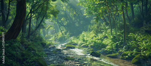 a stream in lush forest nature background