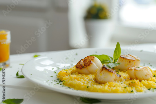 Exquisite Saffron Risotto with Sea Scallops Presentation Gen AI photo