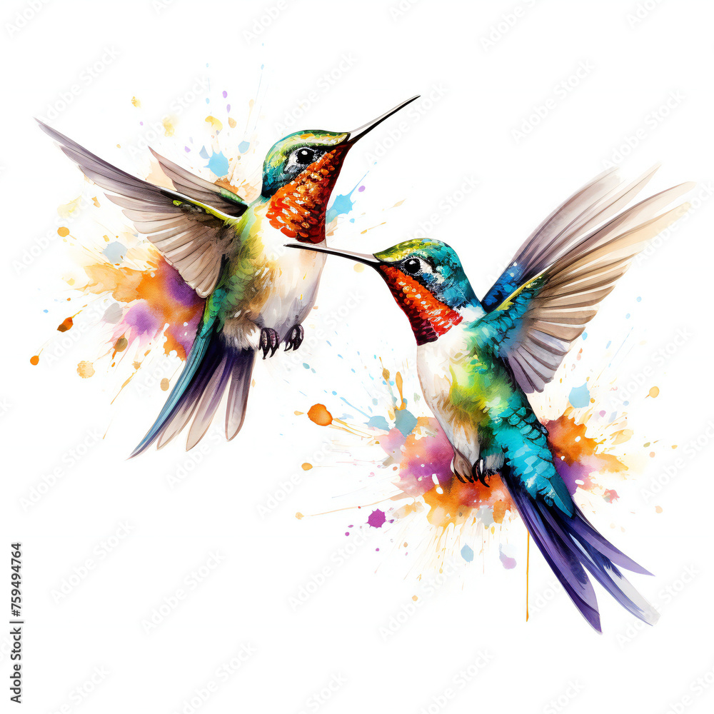 Pair of hummingbirds watercolor on white background