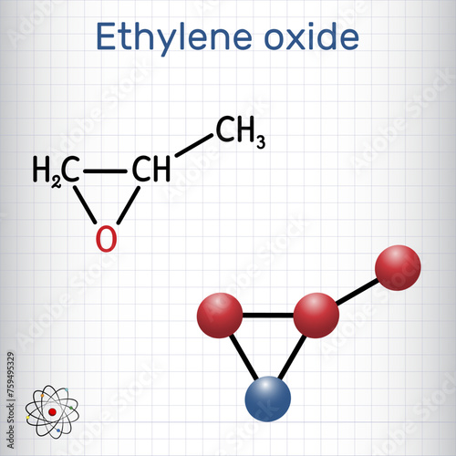 Propylene oxide molecule. Structural chemical formula, molecule model. Sheet of paper in a cage