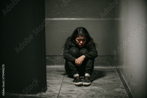 A scared and battered woman sitting alone in a dark and oppressive room in despair