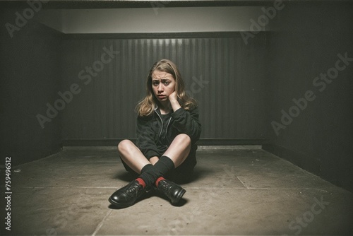 A scared and battered woman sitting alone in a dark and oppressive room in despair