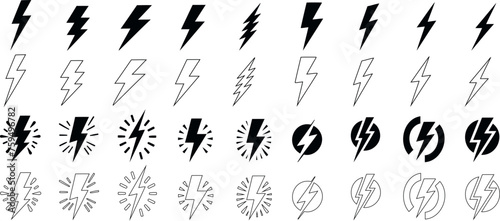 Black lightning bolt icons, lightning icon vector illustrations on white background, diverse designs from traditional to abstract, perfect for storm, electricity, speed concepts in web design, apps