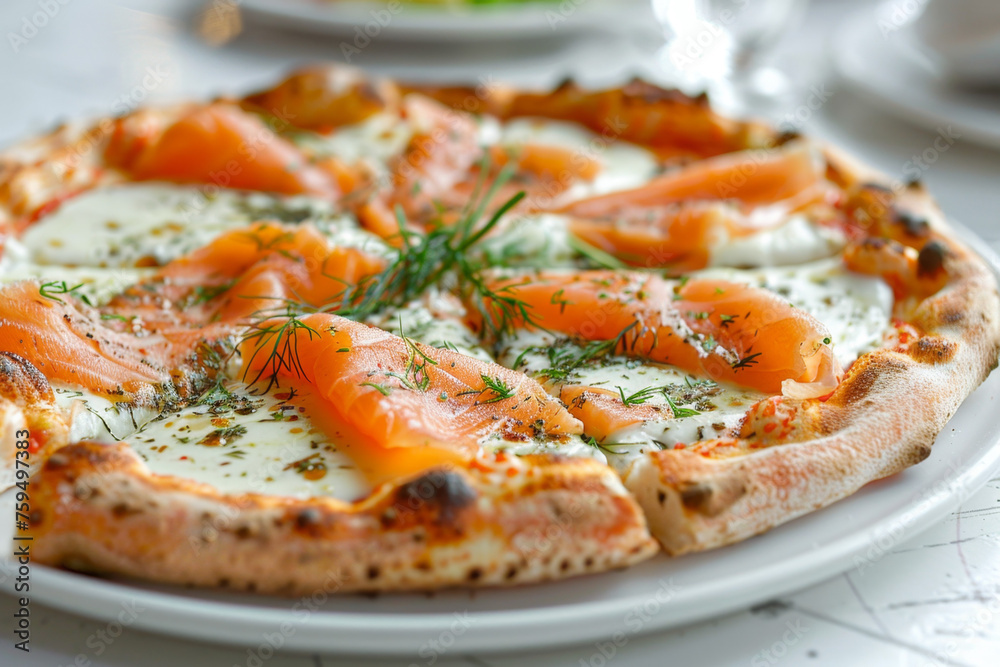 Gourmet Smoked Salmon Cream Cheese Pizza on White Plate Gen AI Gourmet Smoked Salmon Cream Cheese Pizza on White Plate Gen AI