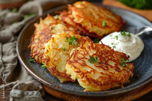 Homemade Potato Pancakes Served with Creamy Sour Cream, garnished with parsley