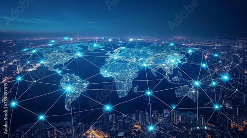 A network of digital lines connects continents and cities illustrating the interconnectedness of the global financial system.
