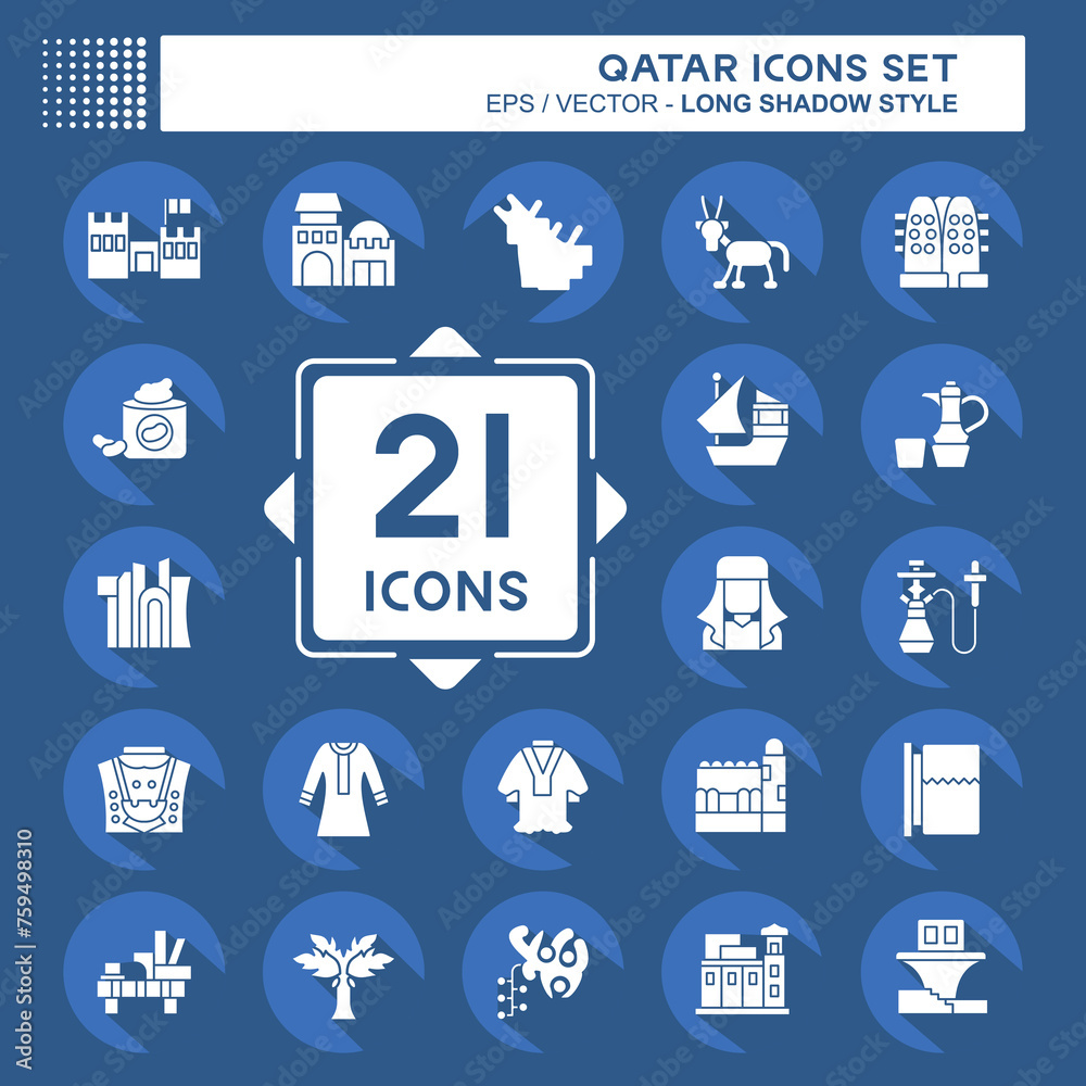 Icon Set Qatar. related to Holiday symbol. long shadow style. simple design illustration.