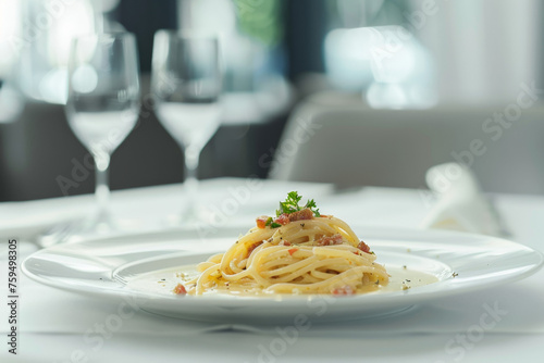 Delicious Spaghetti Carbonara on White Plate Gen AI