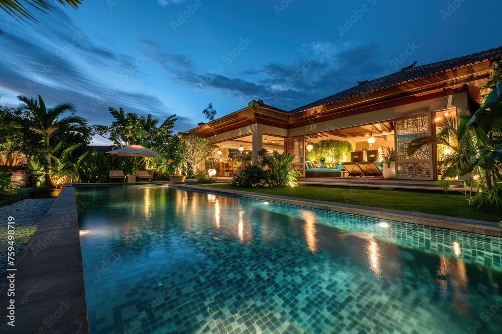 luxury bali villa at night with garden and swimming pool, blue sky