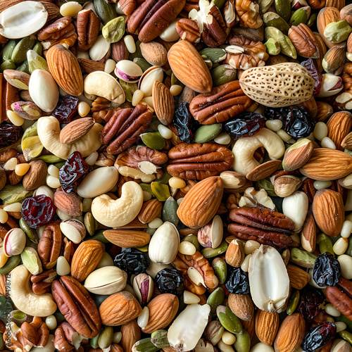 Top view of a mixture of nuts and dried fruits including pecans, pistachios, almonds, peanuts, cashews, and pine nuts