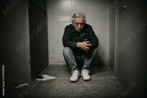A scared and battered man sitting alone in a dark and oppressive cell, reflecting the despair of domestic violence