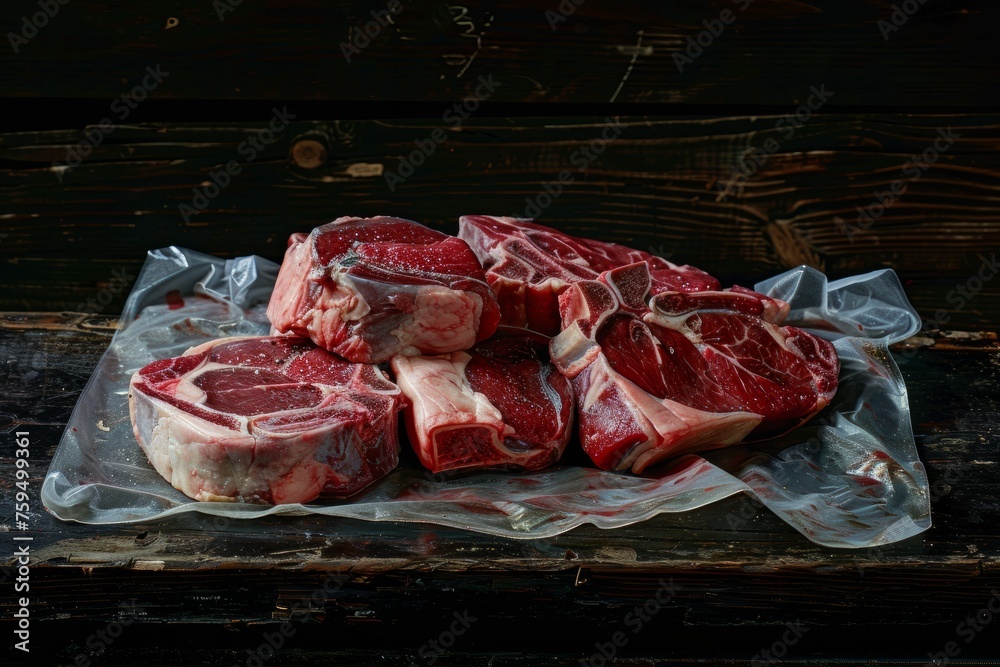 Pile of various raw meat cuts including tomahawk steak, t-bone, rib eye, and tenderloin, arranged on a dark wooden table