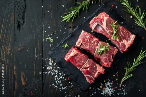 Fresh raw beef steaks seasoned with herbs and spices arranged on a black slate board