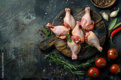 Raw chicken pieces arranged on a cutting board with fresh herbs and cherry tomatoes, ready to be prepared for cooking