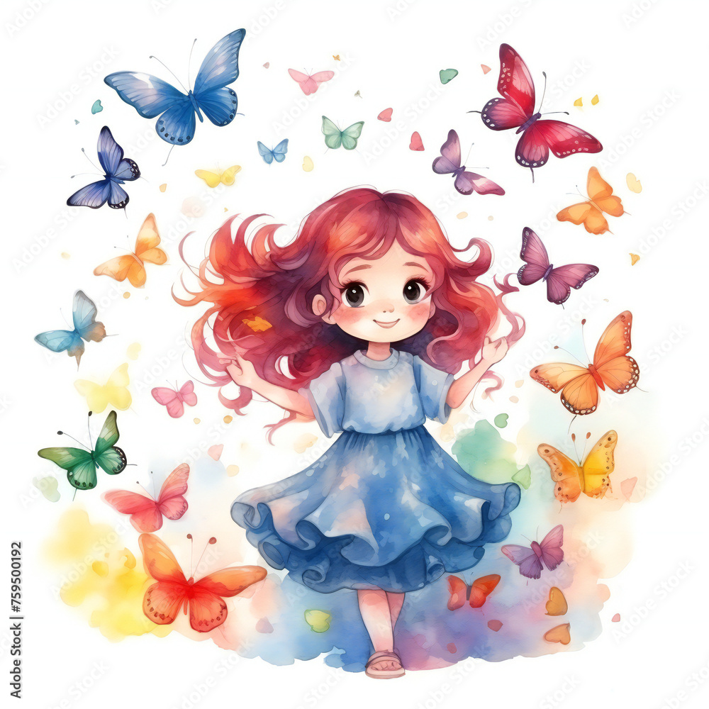 Watercolor butterflies with rainbow chibi style Watercolor butterflies with rainbow chibi style