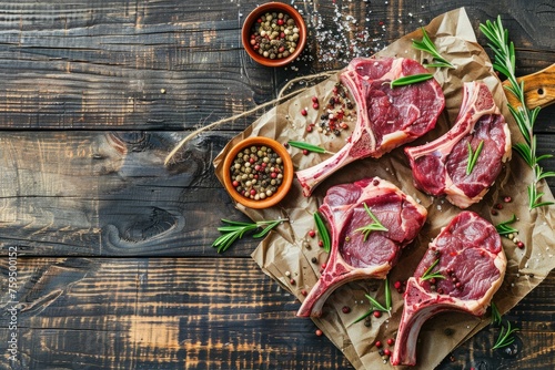 Raw lamb meat chops and steaks seasoned with herbs and spices, placed on an old dark wooden table top view flat lay with copy space for text