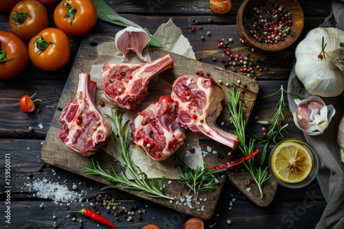 Fresh raw lamb chops arranged on a wooden cutting board, surrounded by various herbs and spices