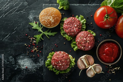 Top view of raw meatballs, burger ingredients like lettuce, tomatoes, onion, ketchup, sesame buns on a black stone background for a commercial food photo