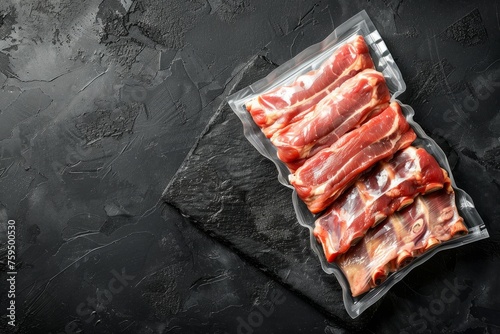 Bacon strips wrapped in plastic packaging laid out on a black surface
