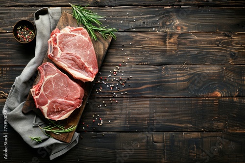 Two raw pork steaks placed on a wooden cutting board with assorted herbs and seasoning