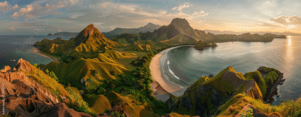 panoramic view of the beautiful island in Indonesia, panorama photo of Padar Island with lush green mountain and white sandy beaches in sunset light, view from above - obrazy, fototapety, plakaty 