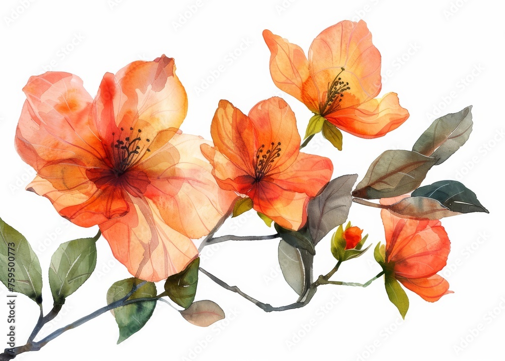Elegant watercolor illustration of orange blooms with delicate petals and lush leaves, artistically rendered on a pristine white background.