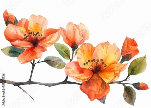 Elegant watercolor illustration of orange blooms with delicate petals and lush leaves  artistically rendered on a pristine white background.