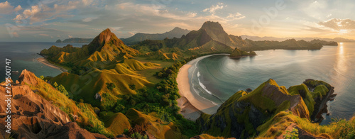panoramic view of the beautiful island in Indonesia, panorama photo of Padar Island with lush green mountain and white sandy beaches in sunset light, view from above