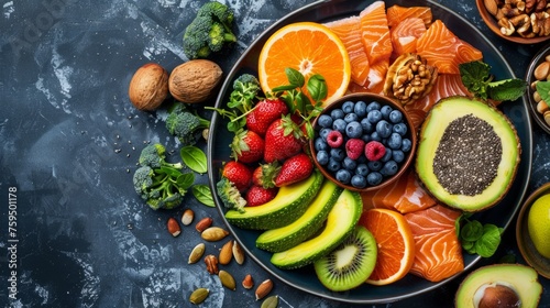 A well-arranged platter contains slices of fresh salmon, and vibrant mixed fruits including oranges, strawberries, and blueberries, alongside slices of avocado and a scattering of almonds and walnut
