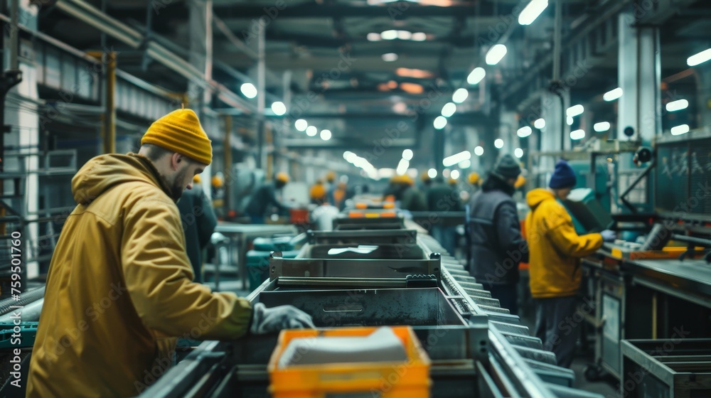 A group of men are engaged in mass production on a conveyor belt in a factory, A group of men are engaged in mass production on a conveyor belt in a factory,