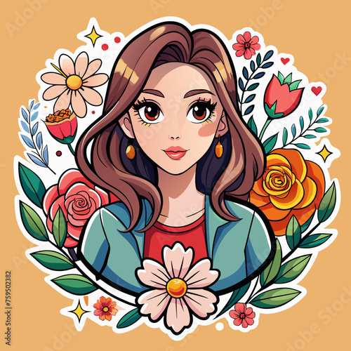 Sticker of showcasing a fashionable girl surrounded by floral motifs and stylish accessories, ideal for elevating the appeal of t-shirt graphics