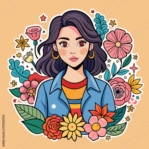 Sticker of showcasing a fashionable girl surrounded by floral motifs and stylish accessories  ideal for elevating the appeal of t-shirt graphics