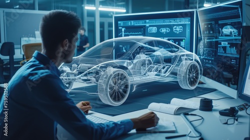 A man, wearing glasses, is working at a table in a building, designing a car using a computer. He focuses on the car's hood and automotive tires, making precise gestures for automotive lighting. AIG41 © Summit Art Creations
