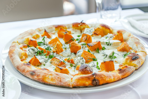 Gourmet Sweet Potato and Gorgonzola Pizza on White Table Gen AI photo