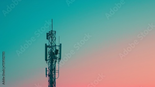 A tall tower featuring a cell phone antenna on its top against a clear sky photo