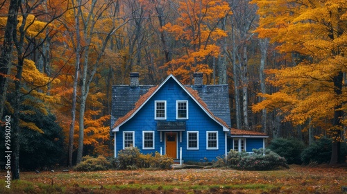 Blue House Surrounded by Trees in Fall © yganko