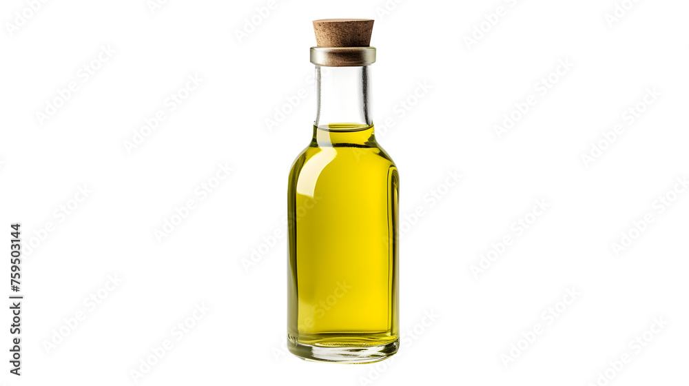 A glass bottle of olive oil on a white background