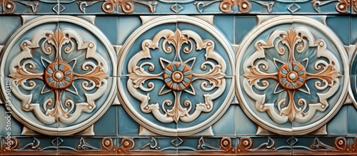 A closeup of a metal fence with intricate circular designs  showcasing the art and engineering of the fixture. The symmetry and pattern on the facade resembles an auto part