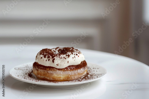 Delicious Tiramisu Donut on Elegant White Setting Gen AI